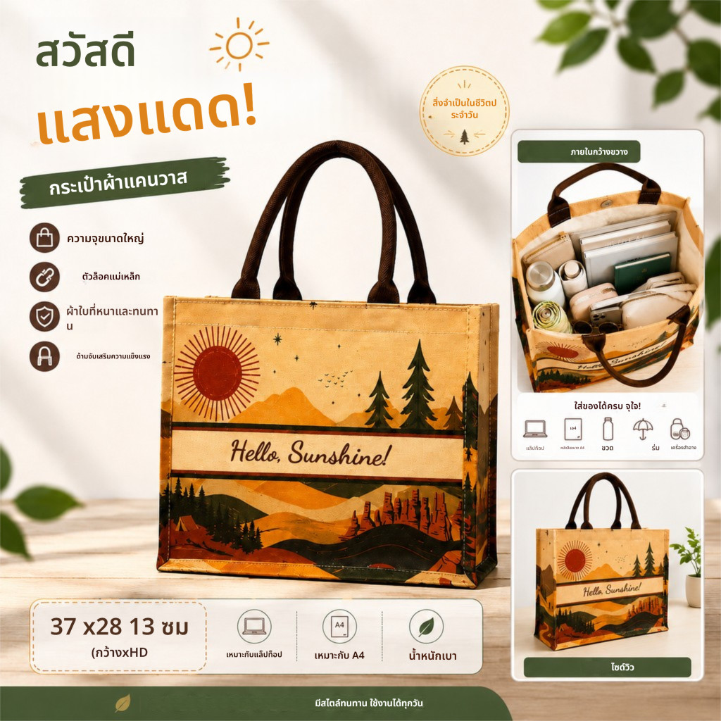 Canvas Tote Bag กระเป๋าผ้า ใส่โน้ตบุ๊ก 13 นิ้ว ปิดแม่เหล็ก จุเยอะ