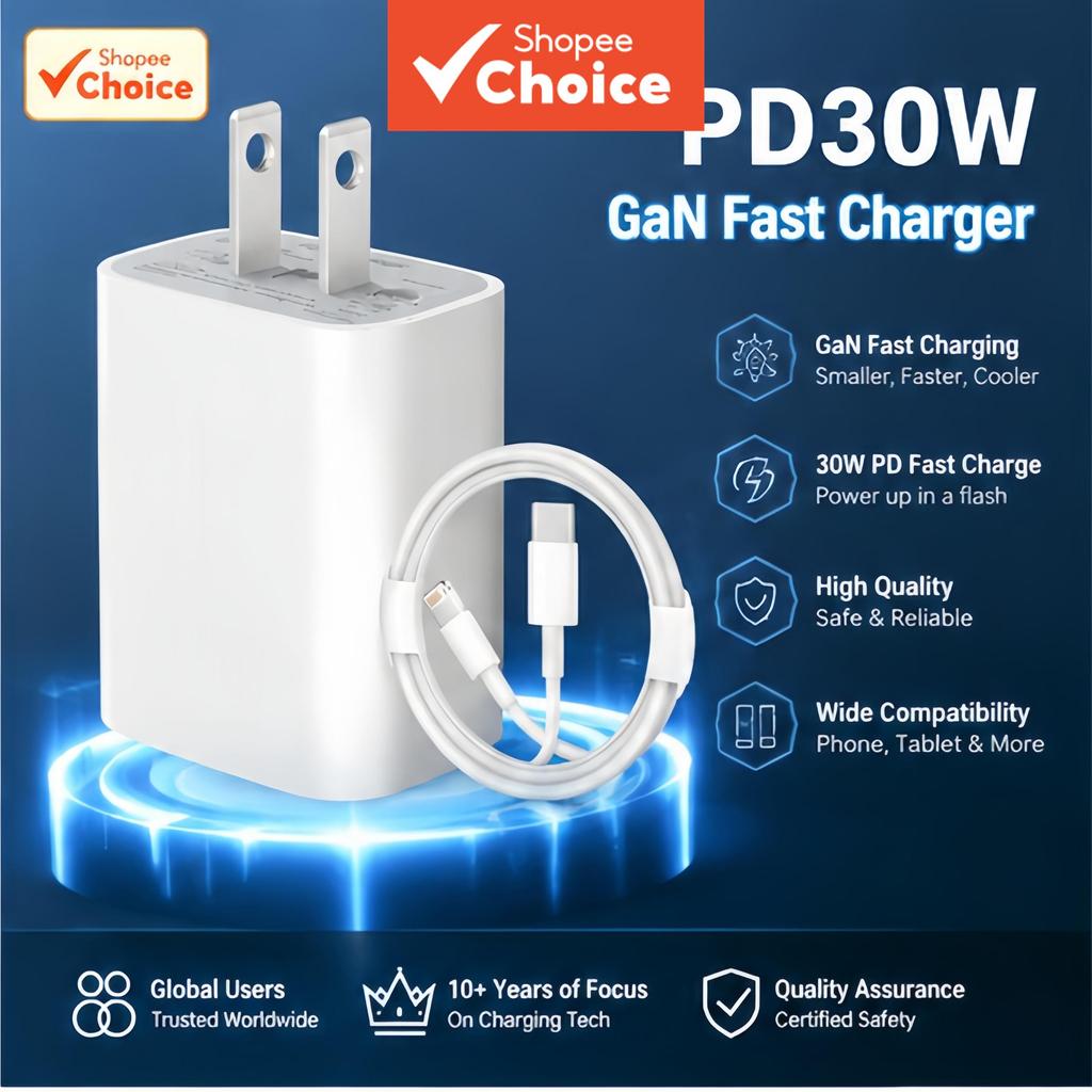 ชุดชาร์จเร็ว GaN 30W พร้อมสายชาร์จ PD Type C to iOS สําหรับ iPhone 14/13