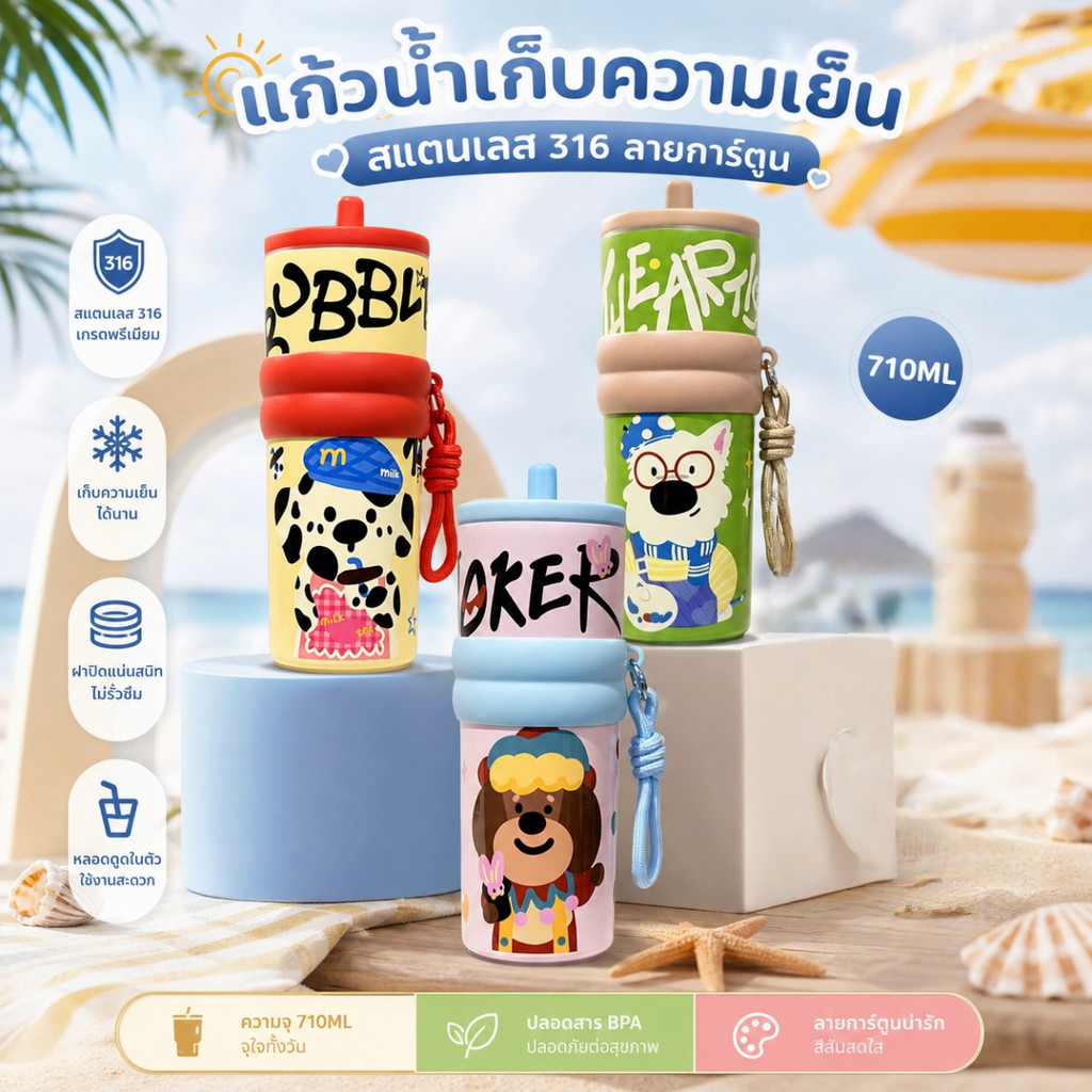 แก้วน้ำเก็บอุณหภูมิ 710ml แก้วพกพา สแตนเลส 316 พร้อมสายคล้อง ปลอกกันลื่น เก็บอุณหภูมิร้อนเย็น