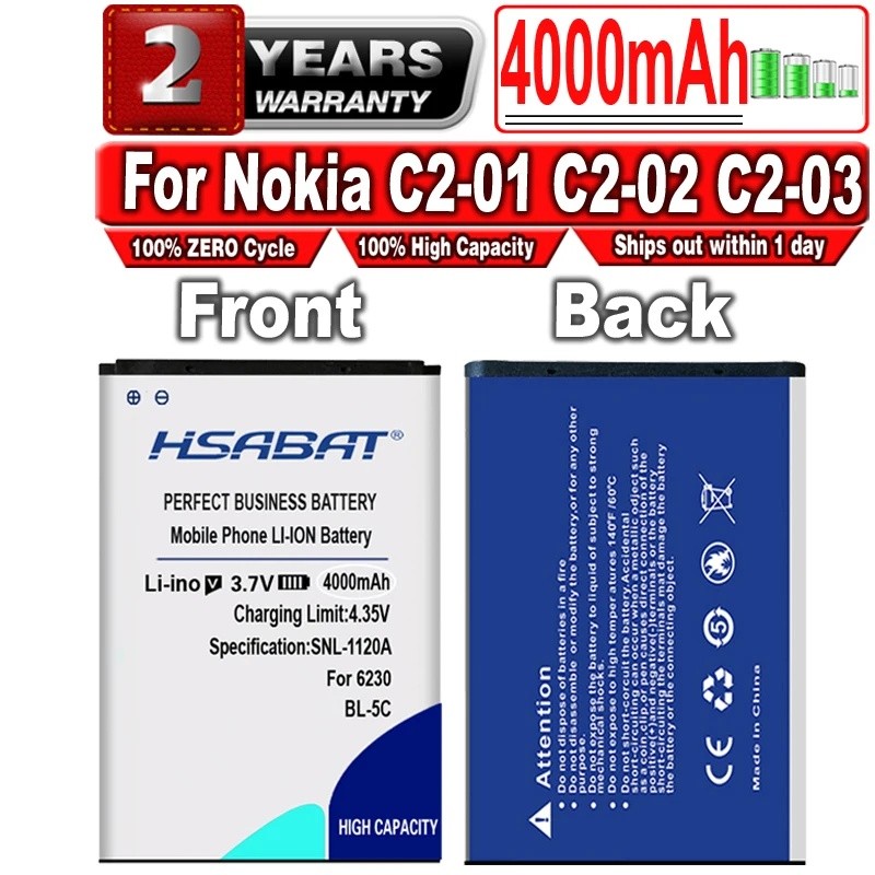 HSABAT 4000mAh BL-5C แบตเตอรี่สําหรับ Nokia C2-01 C2-02 C2-03 C2-06 X2-01 5130 XpressMusic 6230i 110