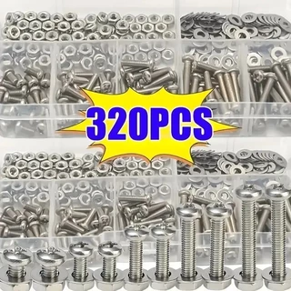 320PCS น๊อตสกรู 304 น๊อตสแตนเลส สกรูสแตนเลส สกรูขนาดเล็ก M2-M5 ชุดน็อตและแหวนรอง หัวกระทะข้ามเกลียวเต็ม