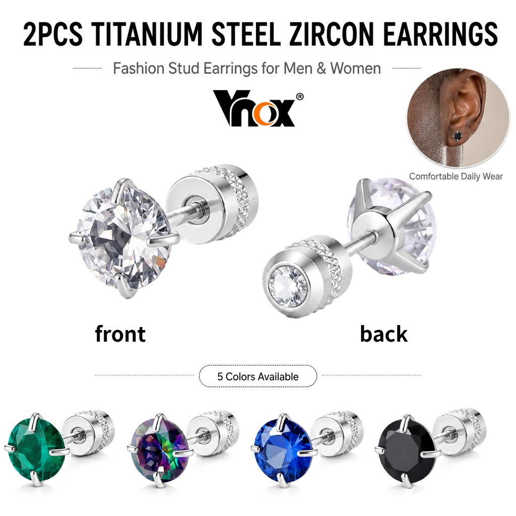 Vnox 2 ชิ้นไทเทเนียมเหล็กเพทายต่างหูเพชรต่างหูสตั๊ดสําหรับผู้ชายผู้หญิงต่างหู Jewellery | หูเจาะป้องกันสนิมไฮโปอัลเล