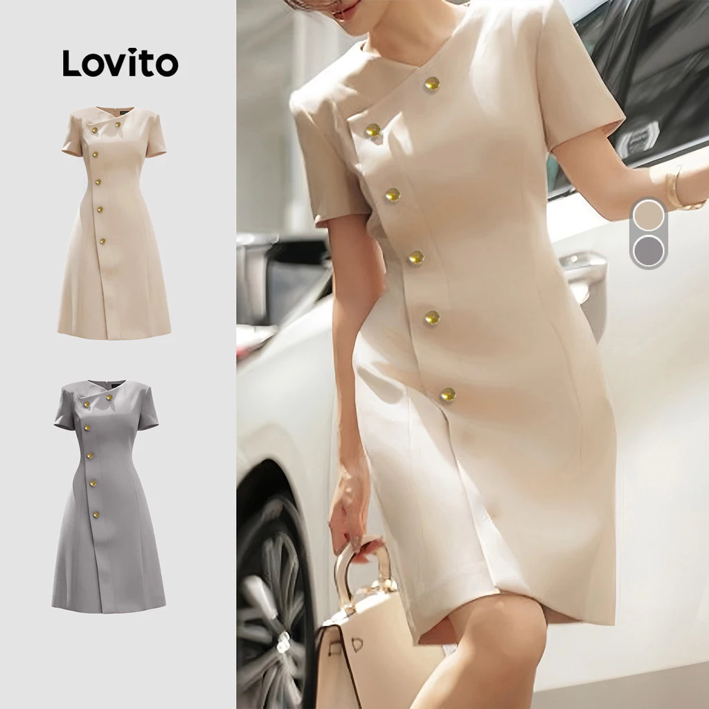Lovito สง่างาม เดรสผู้หญิงทรงอสมมาตร ติดกระดุม เบาสบายสําหรับฤดูใบไม้ผลิ/ฤดูร้อน สีไลท์คากี LK3ED1887