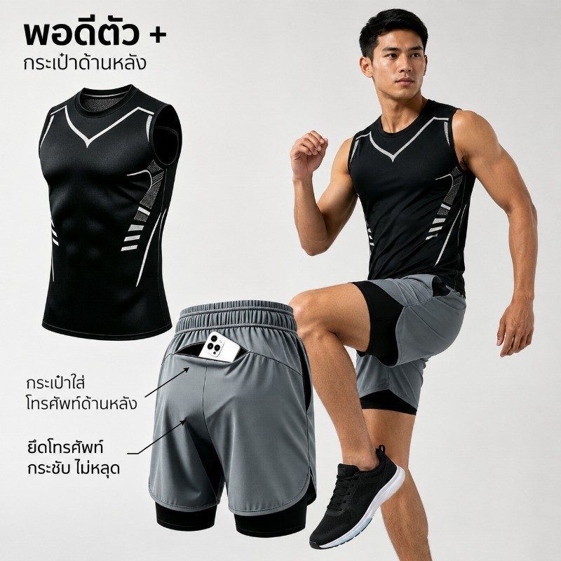 ชุดกีฬาผู้ชาย เสื้อกล้ามไอซ์ซิลค์ + กางเกงขาสั้น 2 ชั้น มีกระเป๋าใส่มือถือ ชุดวิ่ง บาสเกตบอล แห้งไว