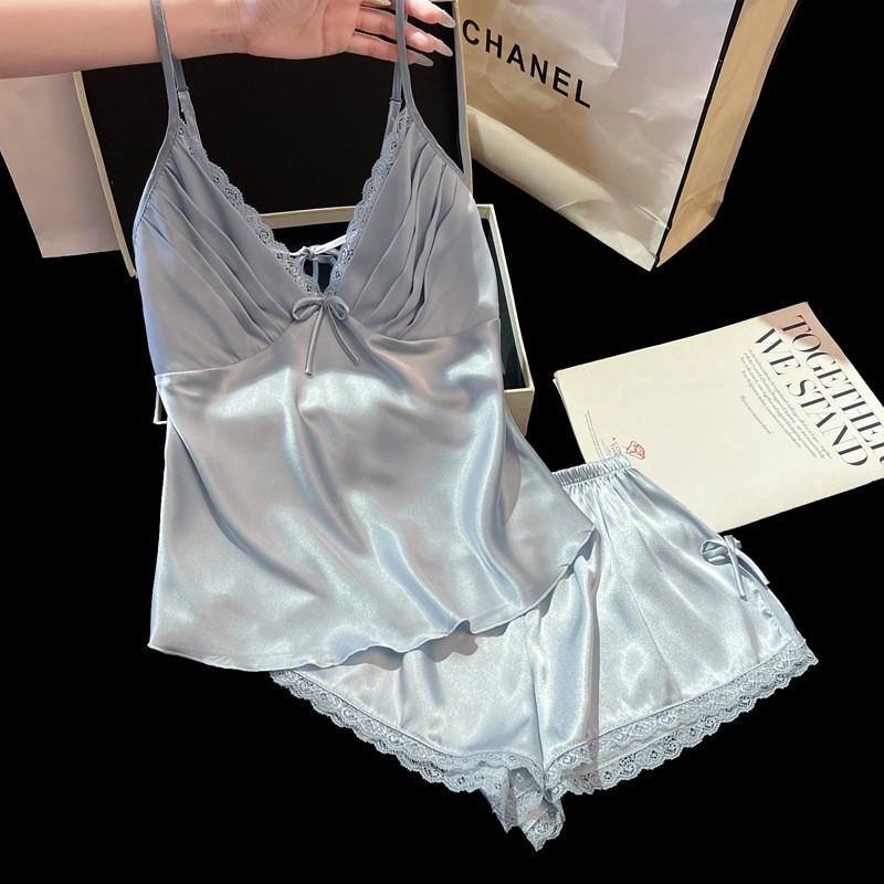 TOP SEXY ชุดนอนผู้หญิง เซ็กซี่ ผ้าซาติน สายเดี่ยว เซ็ต 2 ชิ้น #M-5XL T-1213
