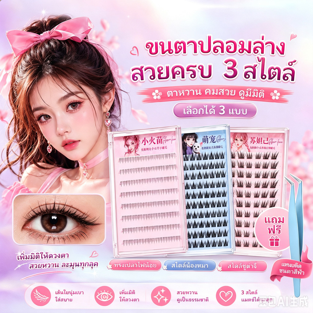 ขนตาปลอมมีกาวในตัว 3D ขนตาจับช่อ  60-120 พวง ไม่ต้องใช้กาว ธรรมชาติ นุ่มเบา ติดทน ใช้ซ้ำได้ กันเหงื่อ เหมาะสำหรับมือใหม่