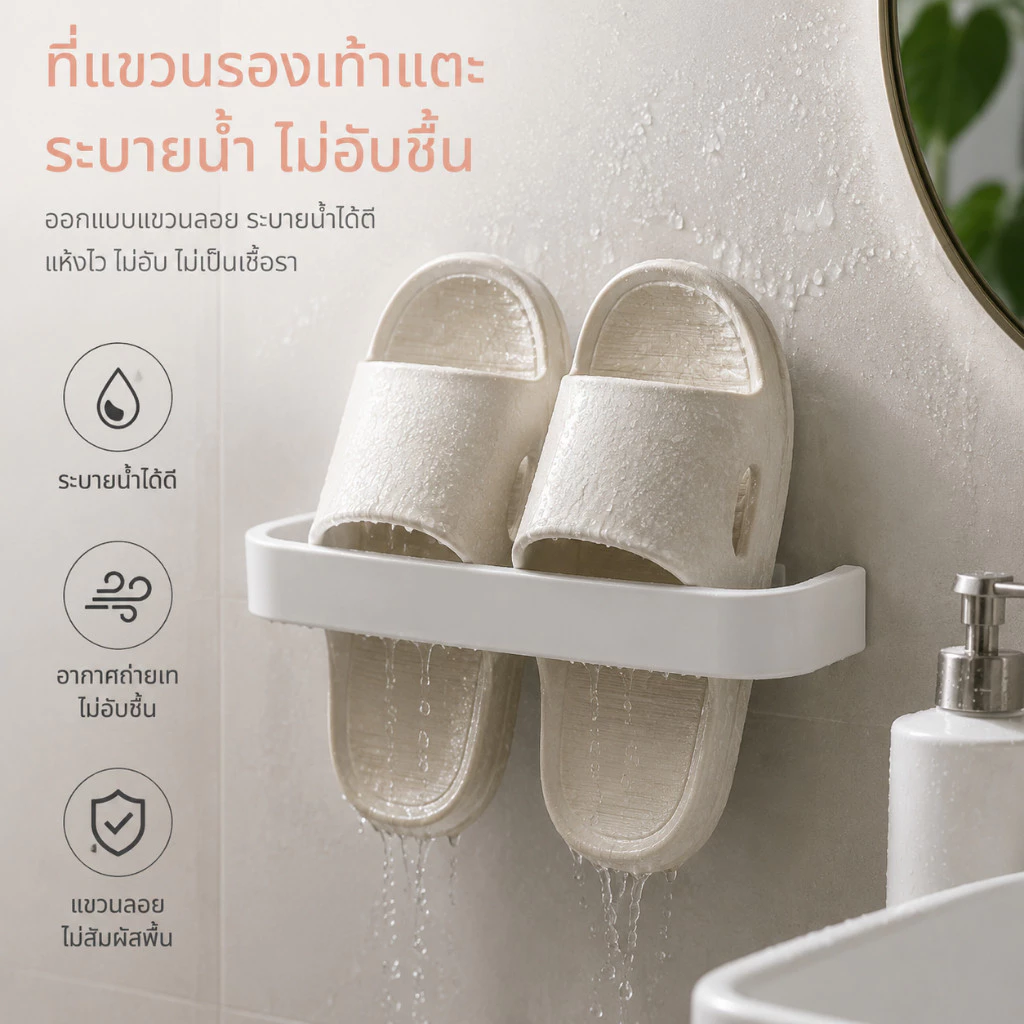 PLS ที่แขวนรองเท้าแตะติดผนัง ชั้นวางรองเท้าในห้องน้ำ ไม่ต้องเจาะ ระบายน้ำได้ ประหยัดพื้นที่ ติดตั้งง่าย