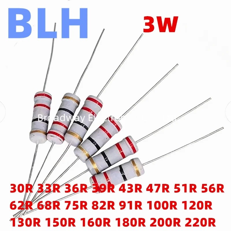 20PCS 3W Carbon Film Resistor 5% 30R 33R 36R 39R 43R 47R 51R 56R 62R 68R 75R 82R 91R 100R 120R 130R 