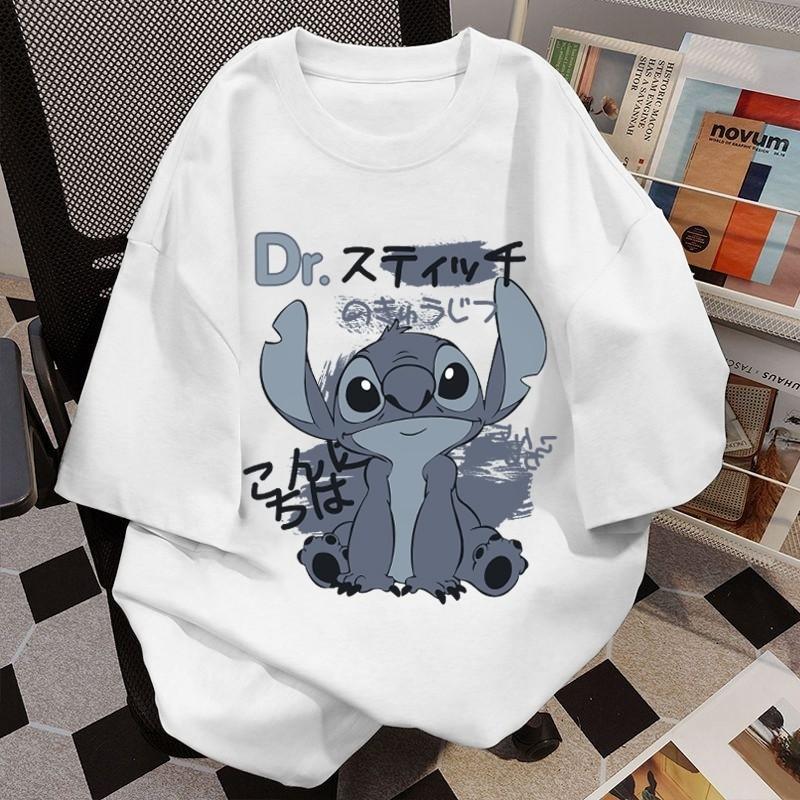 เสื้อยืดคู่รักคอกลมสีขาวหลวมๆ ลายการ์ตูน Stitch