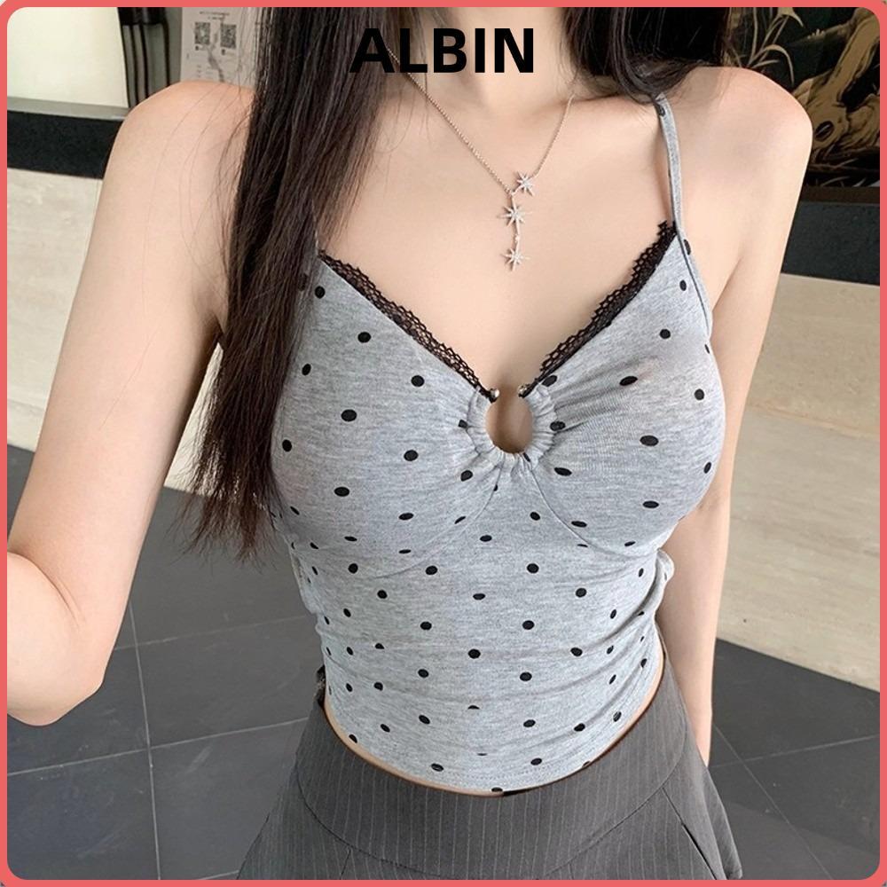 ALBIN Crop Vest Tops,ลูกไม้VคอออกแบบPka Dotถังผ้าฝ้าย,แฟชั่นสปาเก็ตตี้Cross Backless Camisเสื้อกั๊กผ