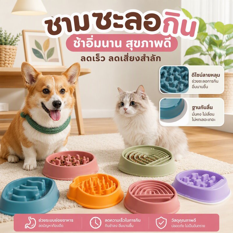 ชามชะลอกิน ซิลิโคน/PP ป้องกันสัตว์สำลัก ฐานกันลื่น พกพาสะดวก สำหรับสุนัขและแมว พกไปกลางแจ้งได้