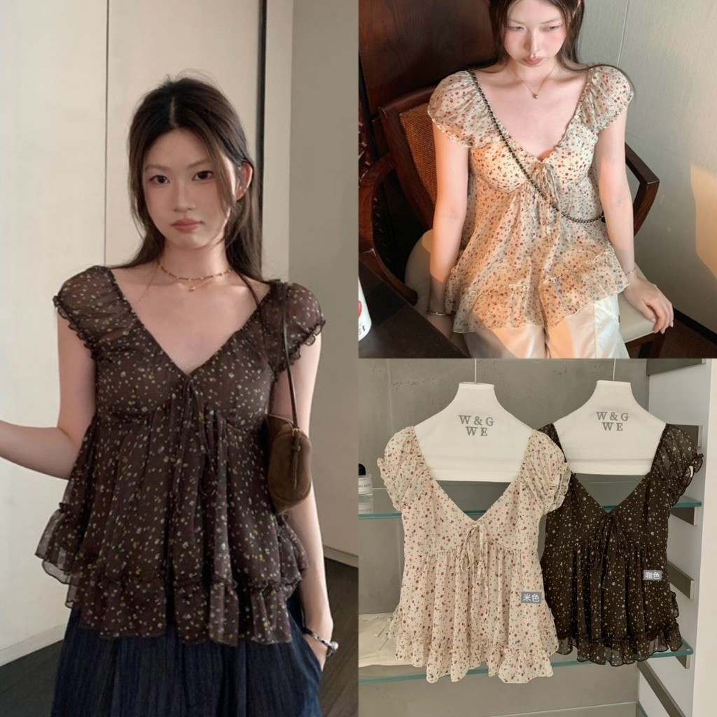 W10409 Floral Babydoll Chiffon Blouse เสื้อผ้าชีฟองบางเบาใส่สบาย แฟชั่นเกาหลี TAG WG.WE