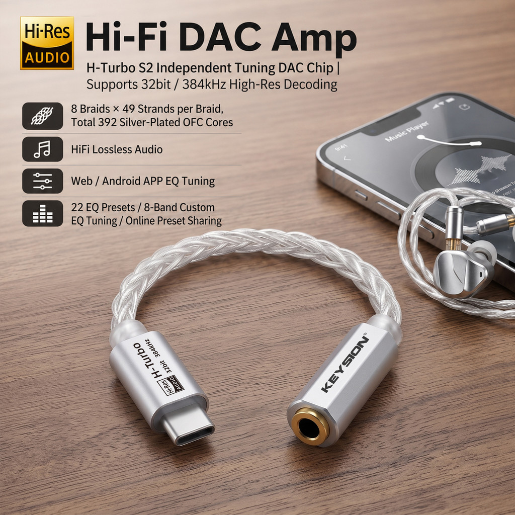 KEYSION แบบพกพา USB C Type-C ถึง 3.5 มม.DAC เครื่องขยายเสียง 32bit/384kHz ถอดรหัสเสียง EQ การปรับแต่