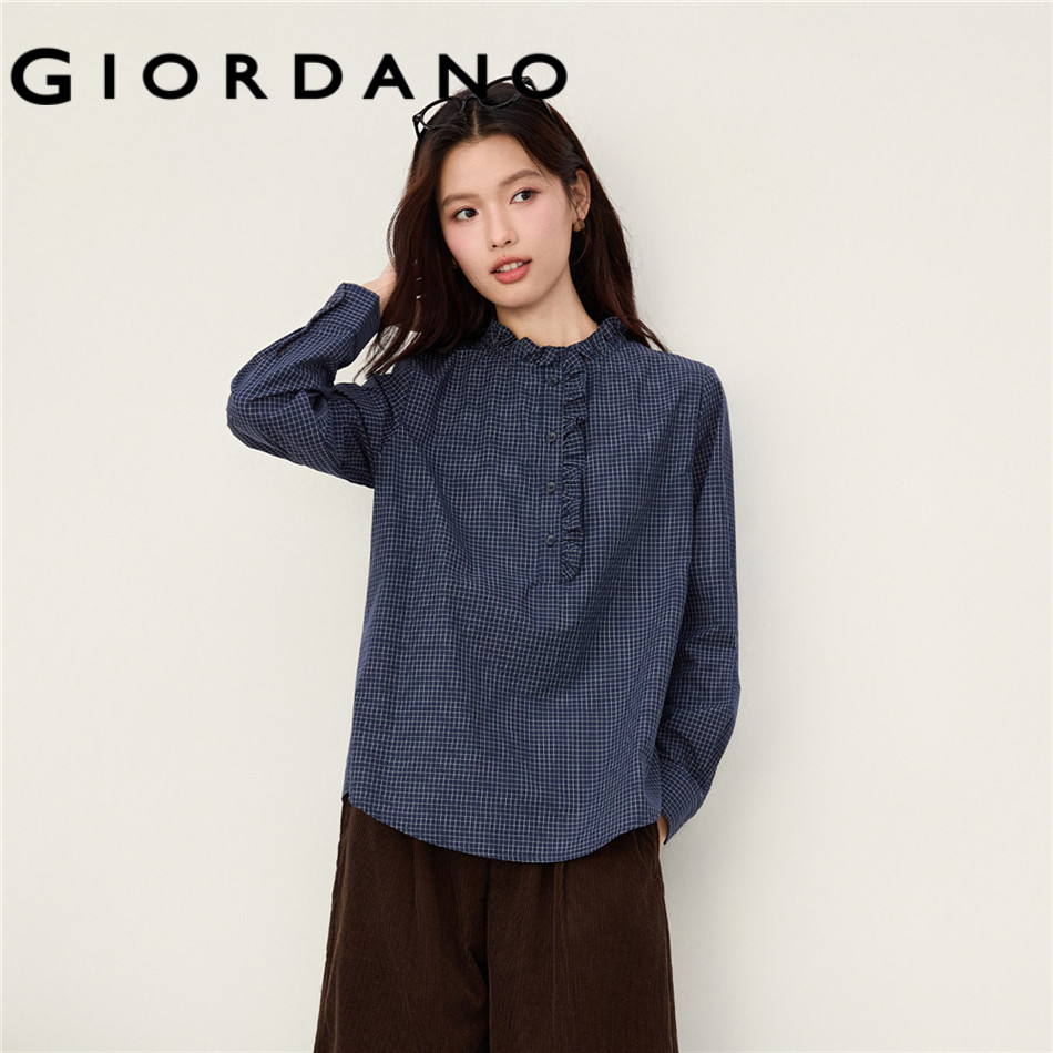 GIORDANO WOMEN Ruffle mandarin collar long sleeve grid shirt 13346620