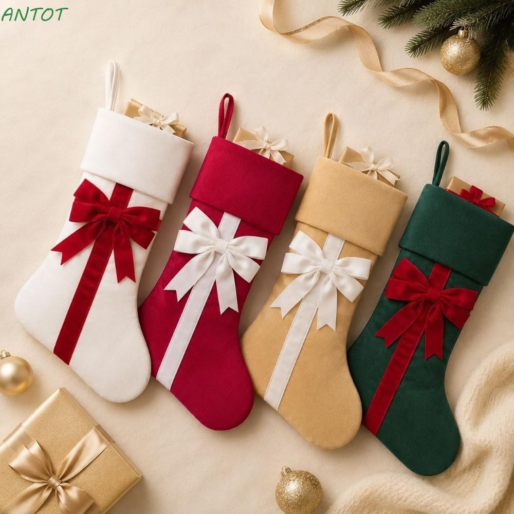 ANTOT กํามะหยี่ Bow Tie Christmas Stocking, Holiday Party Christmas Stocking พับข้อมือกระเป๋าของขวัญ
