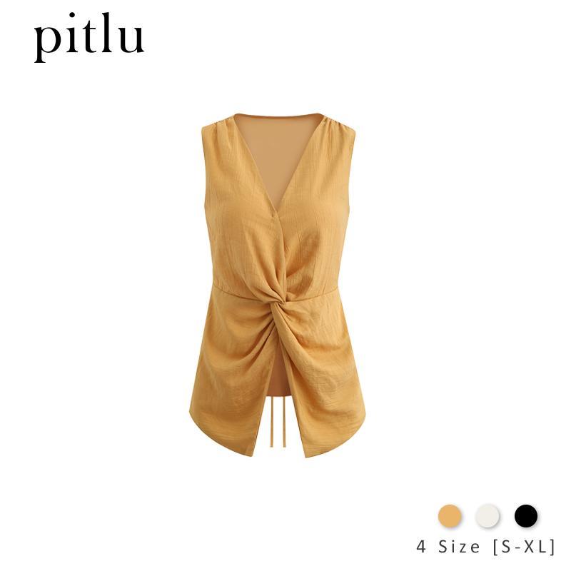 Pitlu เสื้อกล้ามไร้แขนผู้หญิง คอวี ผ้าลายริ้ว ยกปมมัดตรงเอว ตัดหน้าแยกปลาย มีเชือกดึงปรับได้ ทรงกระชับเอว สไตล์มินิมอล แฟชั่นเกาหลี สีเหลือง สีครีม สีดำ ใส่ไปเที่ยว ทำงาน ถ่ายรูป ส่งจากไทย