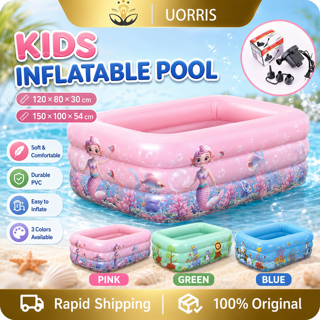 UORRIS ลายน่ารัก สระว่ายน้ำเด็ก 2ชั้น 3 ชั้น PVC สระน้ำเป่าลม swimming pool สระว่ายน้ำลายนางเงือก 120cm/150cm