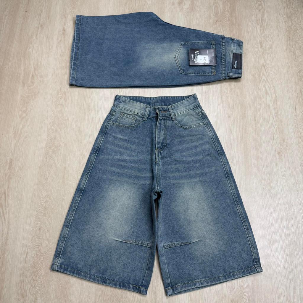 กางเกงยีนส์5ส่วน สีนัวเข้มแต่งเฟด เอวสูงผ้าไม่ยืด ป้ายvintage #940