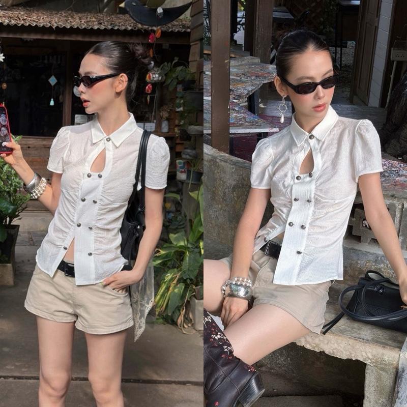 BY0622 เสื้อคอจีนเว้าผ้าบาง กระดุมคู่ พิมพ์ลายในตัวอัดยับ benly co