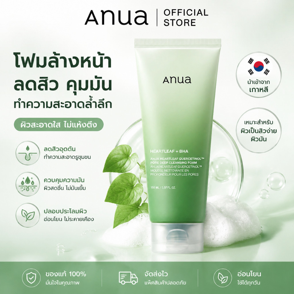 ANUA Heartleaf Quercetinol Pore Deep Cleansing Foam 150ml โฟมล้างหน้าผิวมันผสม