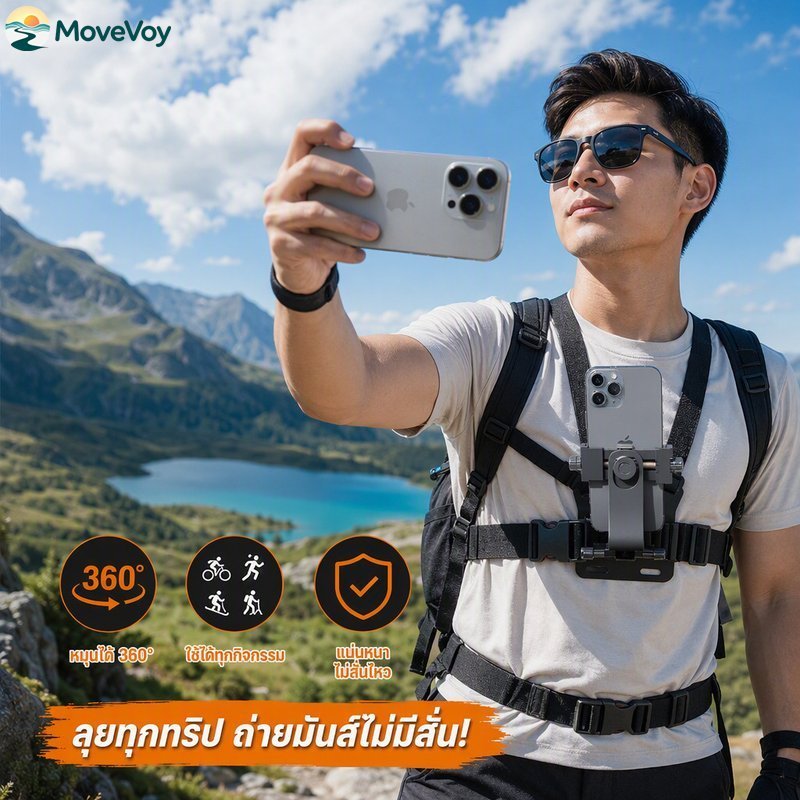 สายรัดหน้าอกติดโทรศัพท์ คลิปยึดมือถือ ถ่ายวิดีโอ มุมมอง First Person หมุนได้ 360 องศา ปรับได้
