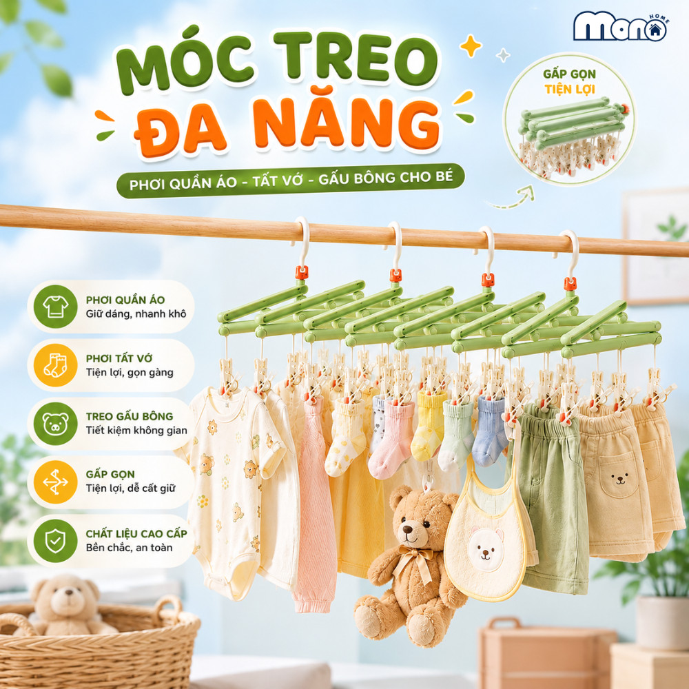 MONO 29-Clip ไม้แขวนเสื้อเด็กแบบพับได้กันลม, MONO Easy-to-Retract ชุดชั้นในและถุงเท้าไม้แขวนเสื้อ