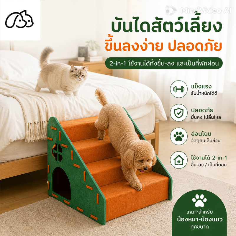 บันไดสุนัขขึ้นเตียง บันไดแมว 4 ขั้น ที่ลับเล็บแมว กันลื่นหนานุ่ม ที่นอนแมวในตัว ด้านหลังเป็นแผ่นเกาแมว