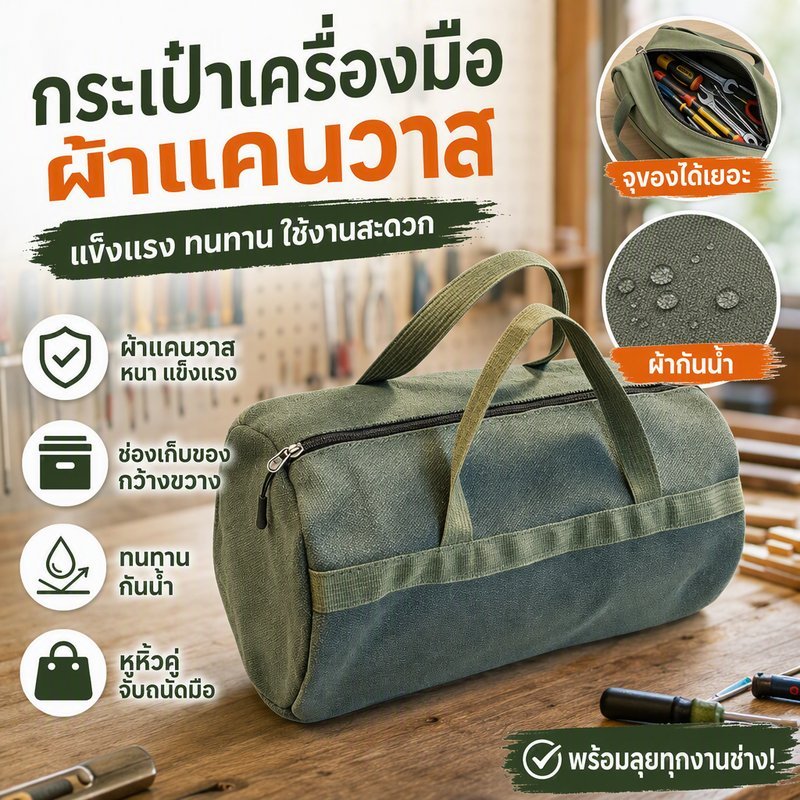 กระเป๋าเครื่องมือ ผ้าใบหนา ทนรอยขีดข่วน ซิปทนทาน ด้ามจับแข็งแรง พกพาสะดวก สีเขียว