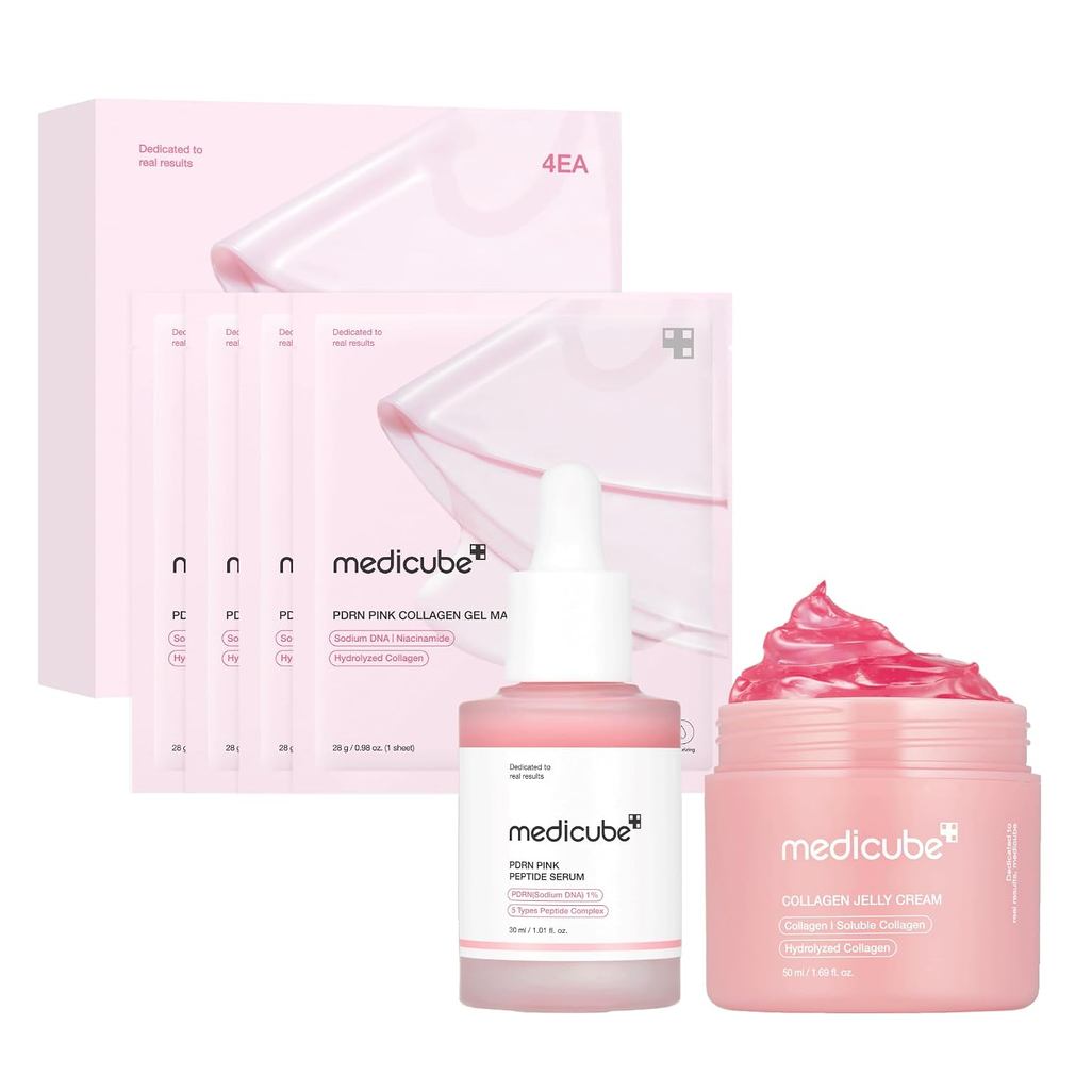 Medicube Korean Pink Skincare Set - PDRN Gel Mask เซรั่มและครีมคอลลาเจน | Salmon DNA PDRN Collagen J