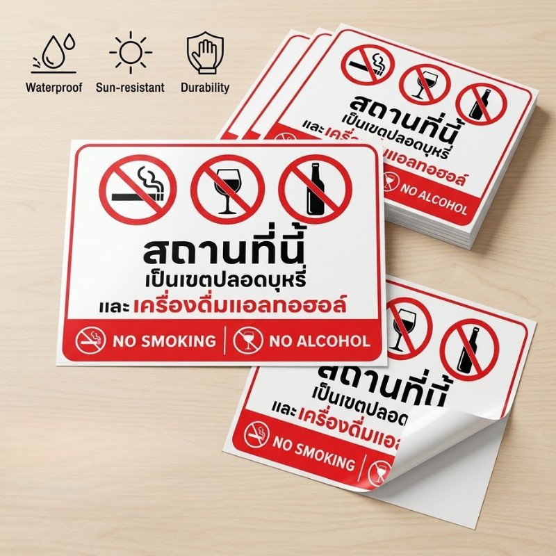 ZJ HOME สติกเกอร์ป้ายเตือน สถานที่นี้เป็นเขตปลอดบุหรี่และเครื่องดื่มแอลกอฮอล์ ห้ามสูบบุหรี่ ห้ามดื่มสุรา มีหลายขนาด