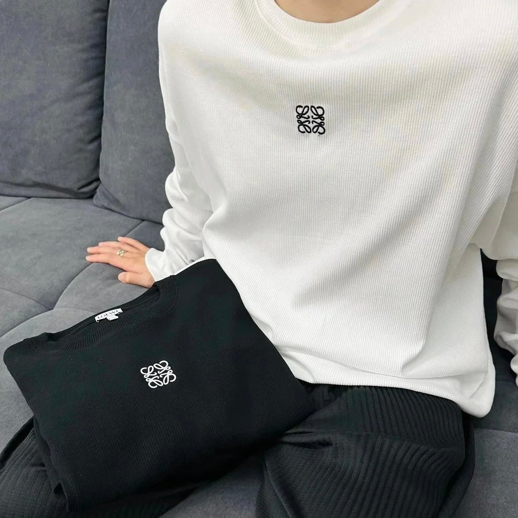 [Global Second Good] L0EWE/Loewe 2023ss Neckline ปักรอบคอแขนยาวผ้าเกลียวเต็มตัวผสมพิเศษเย็บรถหลวม/ไห