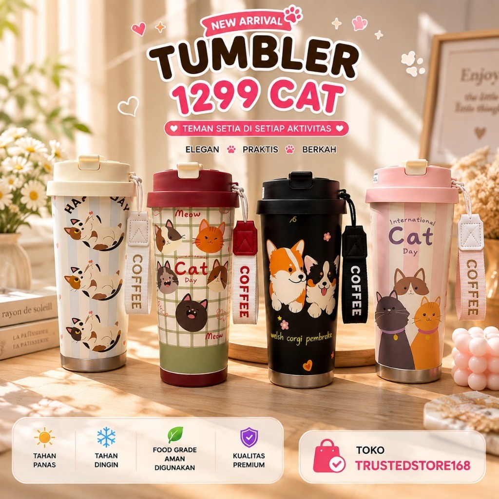 Gudangjam888 Tumbler 1299 Cat SUS316 500ml 2 วิธีดื่มความร้อนและเย็นลายแมว