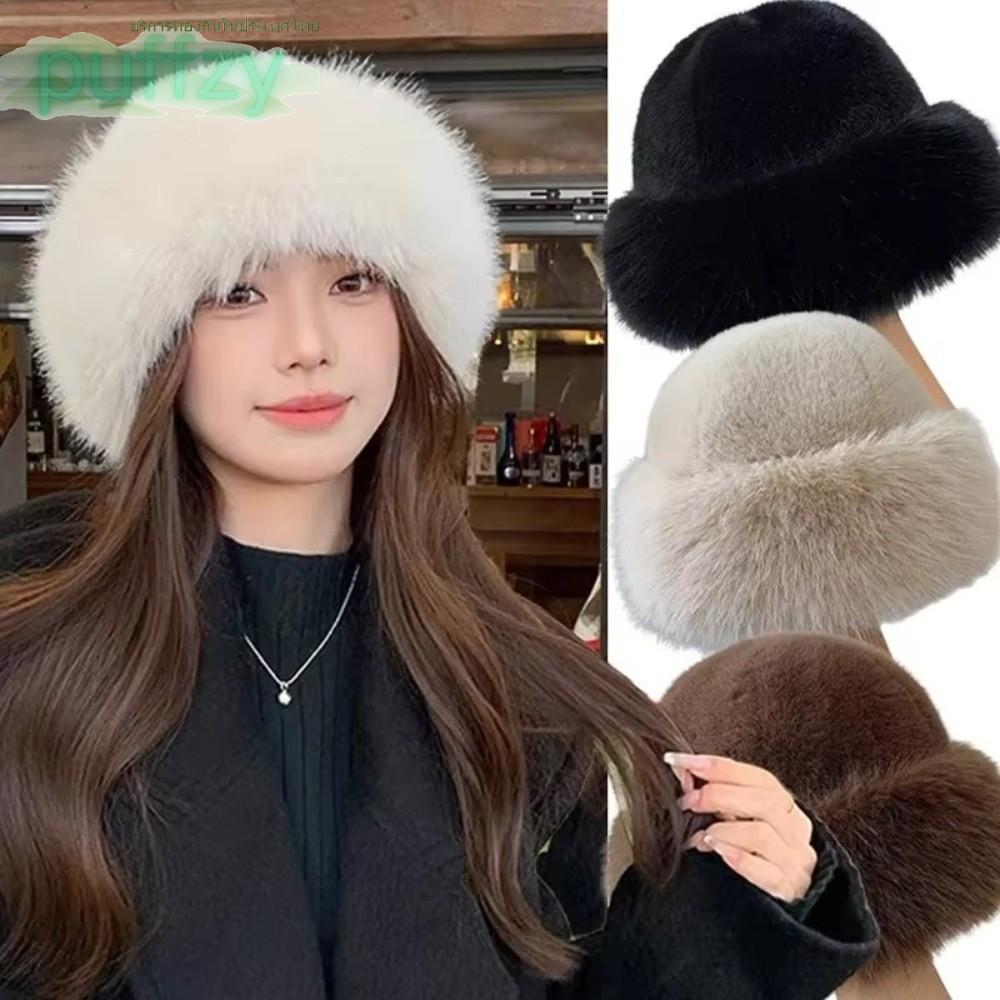 PUFFZY หมวกบักเก็ต, ขนปุยสีทึบหมวกฤดูหนาว, แฟชั่น Headwear Plush Thicken เย็นกันลมหมวกชาวประมง Chrismas ของขวัญ