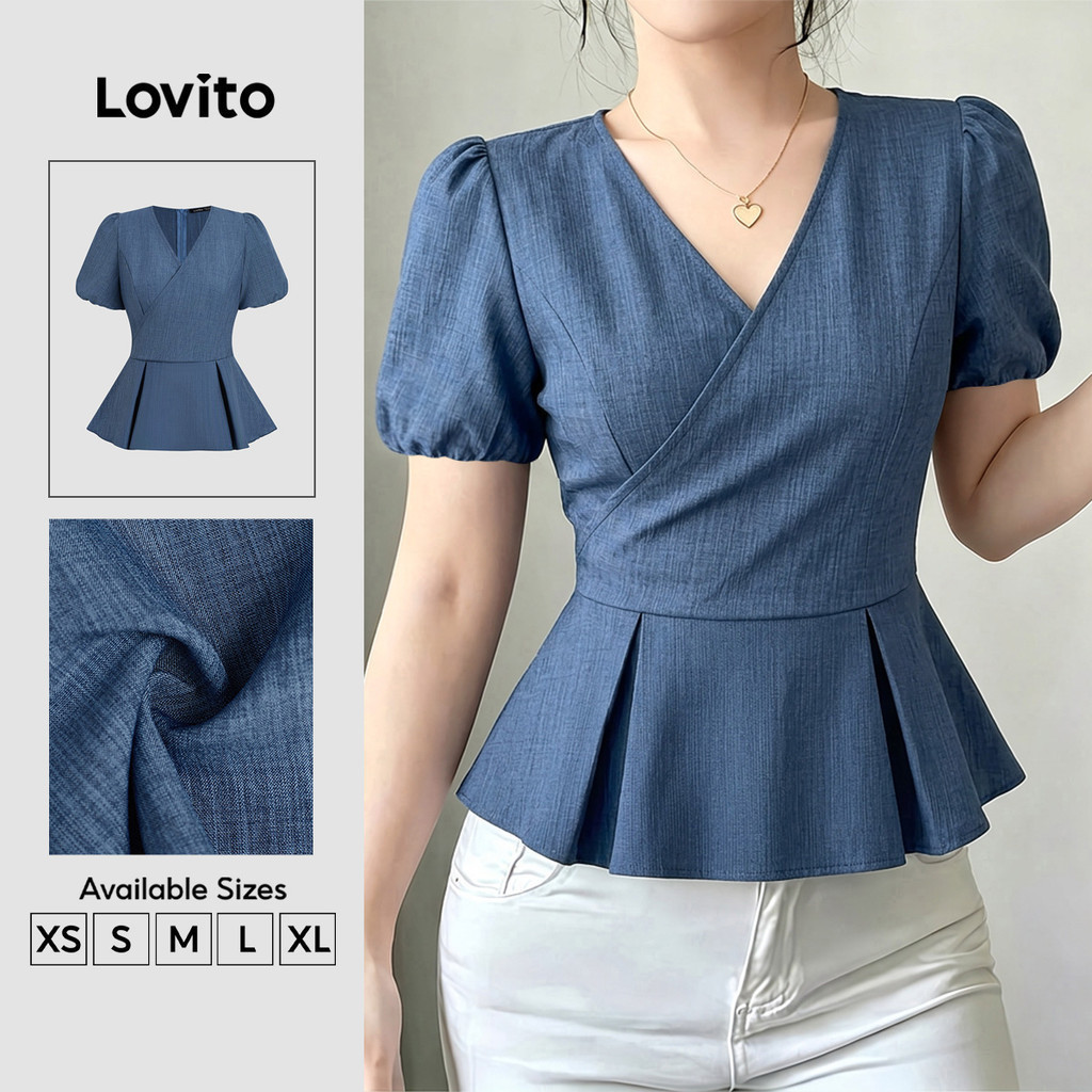(New Arrival) Lovito เสื้อเบลาส์ผู้หญิง สีดําฤดูใบไม้ผลิ/ฤดูร้อน BLB203TD208