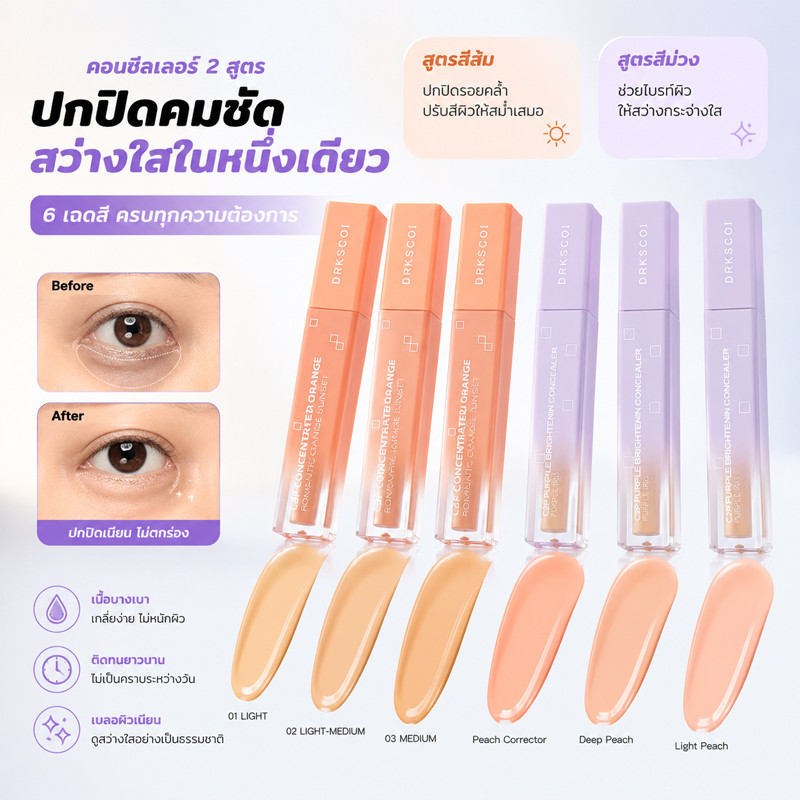 DRKSCOI คอนซีลเลอร์ปกปิดใต้ตาคล้ำ สีพีช ช่วยปรับสีผิวรอบดวงตาให้ดูกระจ่างใส เนื้อเนียน เกลี่ยง่าย แต่งหน้าสวยเป็นธรรมชา