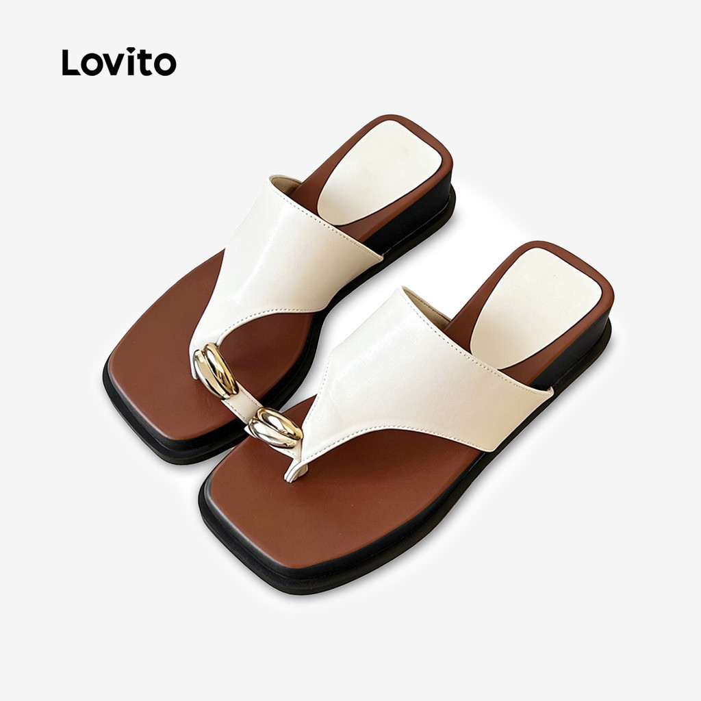 (New Arrival) Lovito รองเท้าแตะลำลองแบบแบน ดีไซน์แฟชั่นเกาหลี สไตล์สีตัดกัน สีขาว สำหรับผู้หญิง LFA118025
