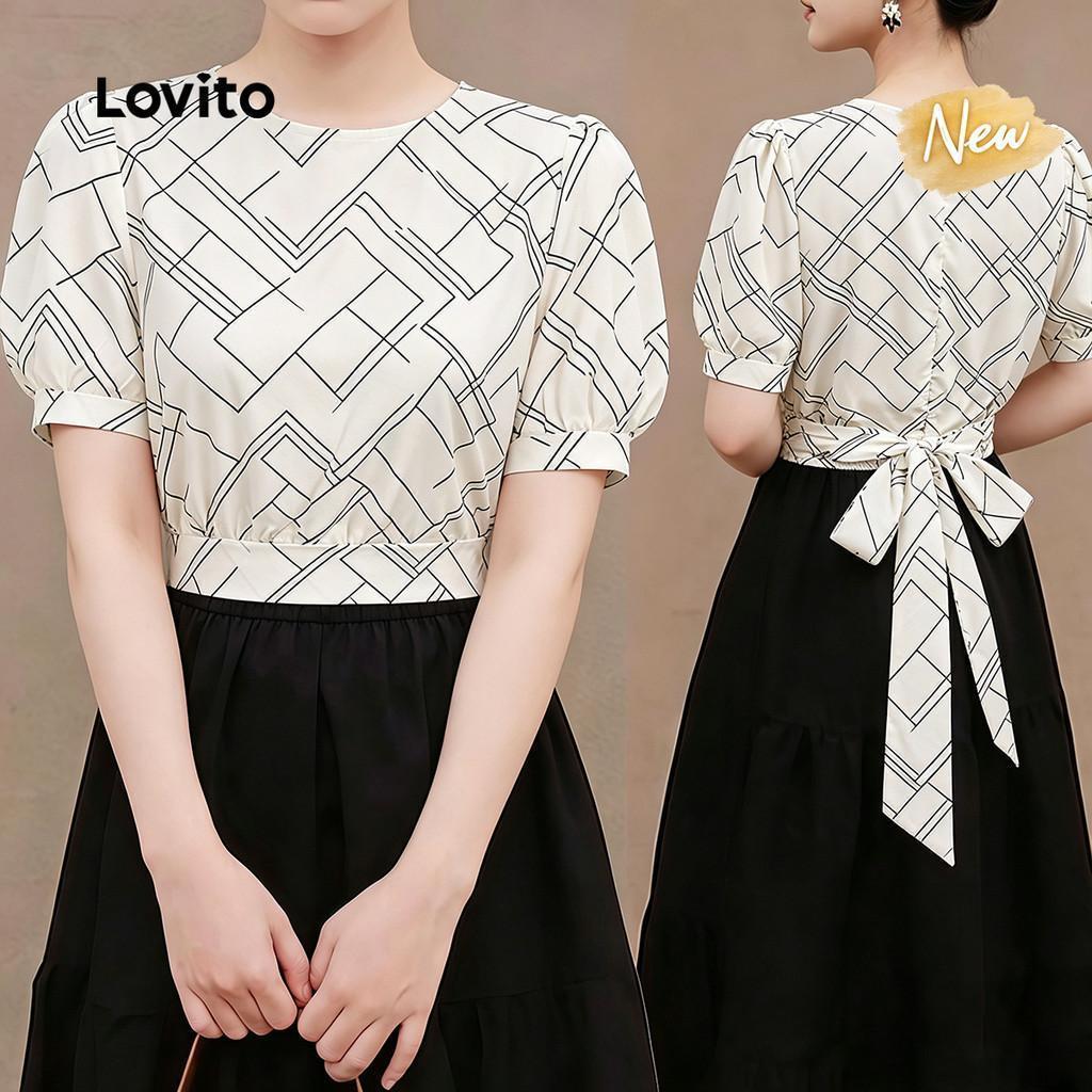 (New Arrival) Lovito เสื้อเชิ้ตผู้หญิงลําลอง ลายลูกไม้ ผูกโบว์ สีแอปริคอต สําหรับฤดูใบไม้ผลิ/ฤดูร้อน