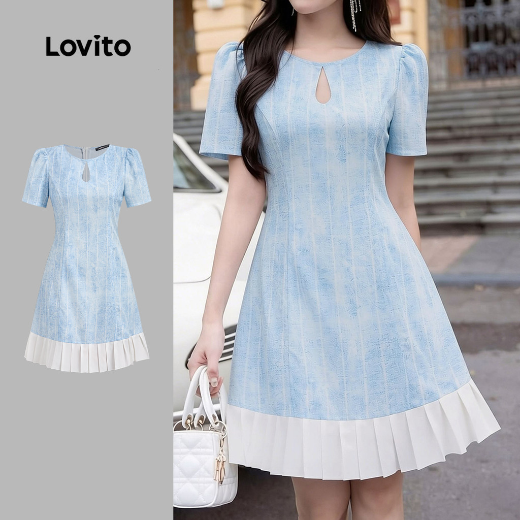 Lovito ชุดเดรสสีฟ้าสําหรับฤดูร้อน สีตัดขวางจีบระบาย สไตล์ลําลอง LK5ED367