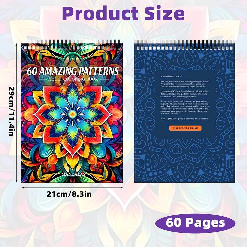 60 Amazing Patterns Mandalas Coloring Book for Adults Stress‑Relieving Mind‑Calming Adult Coloring A