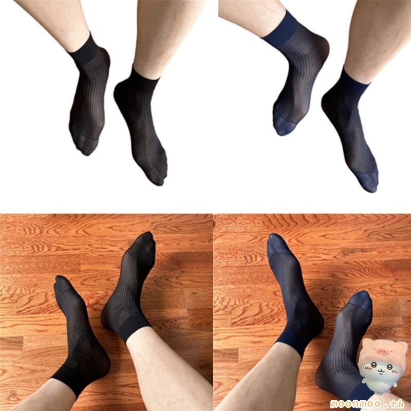 Moon Mens Business Nylon Sheer Dress Socks Silk Short Tube Thin Striped Ankle Socks