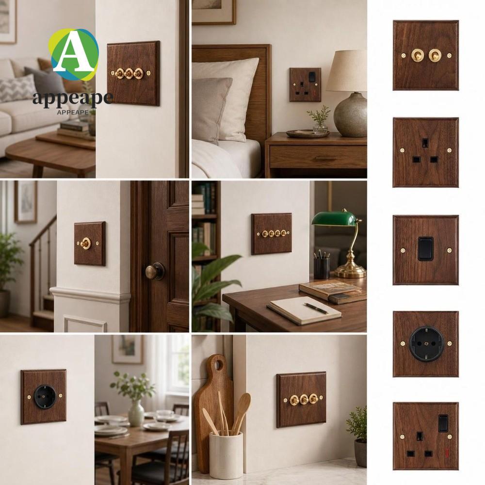 APPEAPE Toggle Switch Socket Panel, 86 ประเภทไม้ผนังแผงสวิตช์, Retro Toggle Switch ทองเหลือง Lever P
