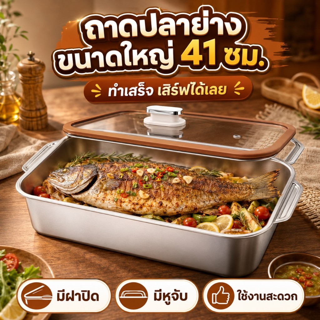 GREENIKA ถาดใส่อาหารสแตนเลส 316 ขนาดใหญ่ พร้อมฝาแก้ว 37/41 ซม ถาดย่างปลา ถาดอบ ถาดทำอาหาร สแตนเลสหนา