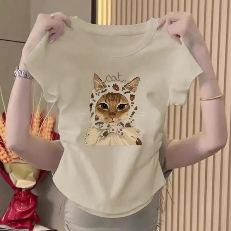 【กรุงเทพจัดส่งสินค้า】เสื้อยืดแมวสไตล์เกาหลี สาวอวบS-XL ไซส์ครอบคลุมทุกสัดส่วน ฤดูร้อนใส่ได้สบาย สดใสๆ แขนสั้นเห็นใจหน้าร