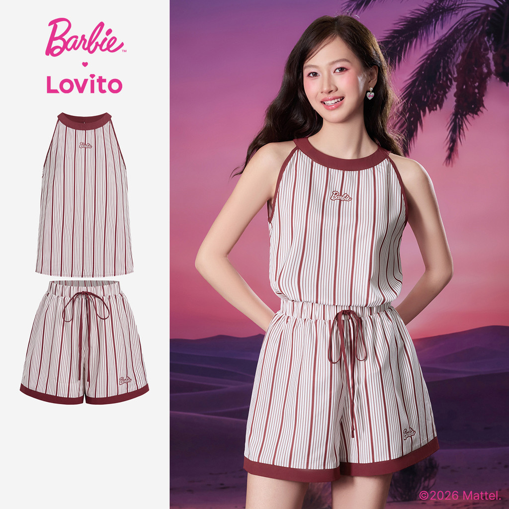 Barbie™ X Lovito เสื้อท็อปสีแดงผู้หญิง ฤดูใบไม้ผลิ/ร้อน ไม่มีแขน คอกลม เอวกลาง ขากว้าง สีตัดกันและไหล่เปิด เกาหลี อินเทรนด์ LBL5AD052