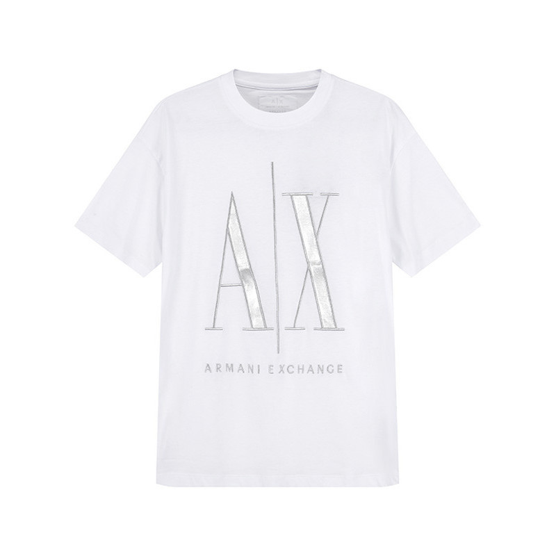 Armani Armani AX Mens AX ปักรุ่นหลวมรอบคอเสื้อยืดแขนสั้นเสื้อยืดเงิน 300095