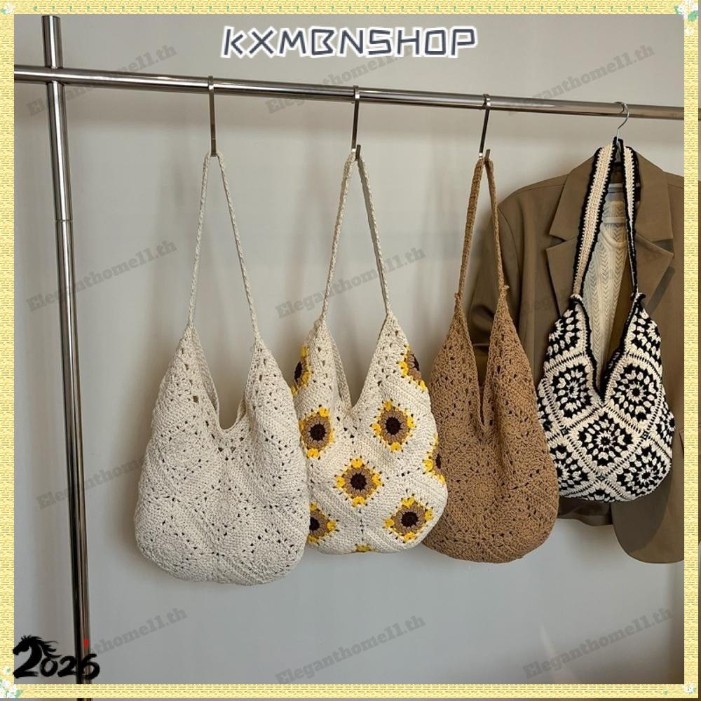 19KXMBNSHOP กระเป๋าสะพายทอ,มือโครเชต์VINTAGEดูโครเชต์Tote Bag,Fre Style Artistic Style Hollowed Out 
