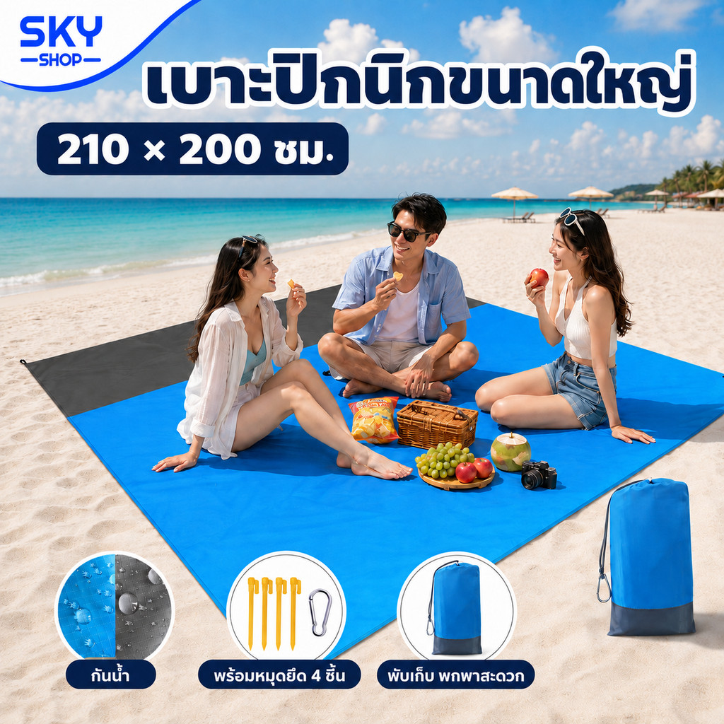 SKY เบาะสำหรับตั้งแคมป์ 210x200cm กระเป๋ากันน้ำ ผ้าห่มชายหาด น้ำหนักเบา เสื่อปิคนิคกลางแจ้ง เสื่อผ้าใบกันน้ำ