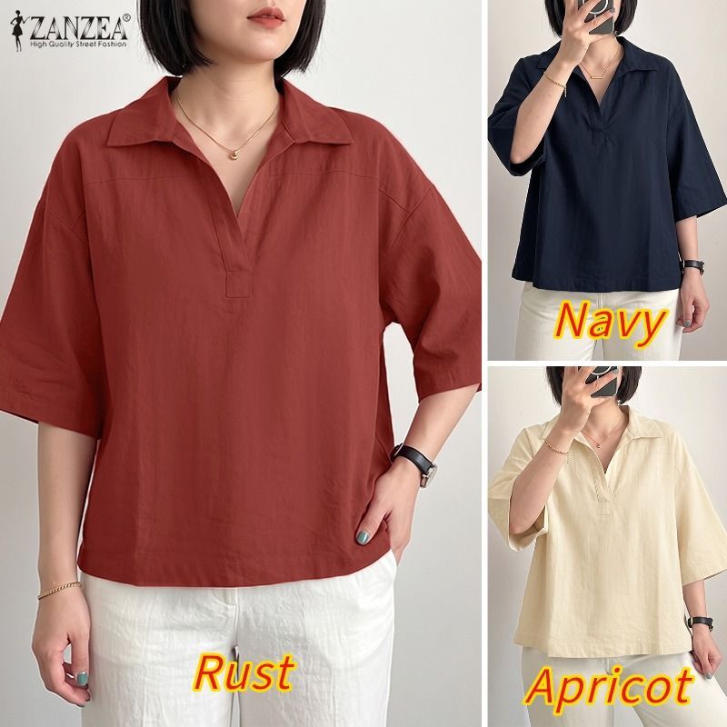 ZANZEA ผู้หญิงเกาหลีปกลําลอง Five-Quarter Sleeve Half Placket เสื้อหลวม — صورة 3