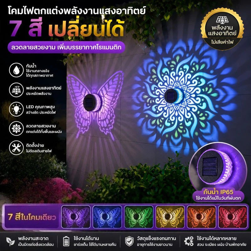 ไฟโซล่าเซลล์ เปลี่ยนสี 7สี โคมไฟติดผนัง โคมไฟฉายลาย กันน้ำ ลวดลายฉลุโลหะ Solar Light ตกแต่งสวน