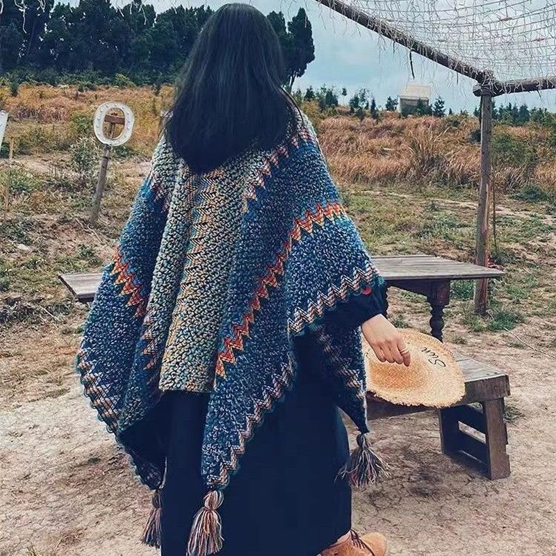 民族风西藏旅游穿搭斗* 篷披肩拉萨围巾女云南丽江外搭青海草原披风Ethnic Style Xizang Wears Cape Cape, Lhasa Scarf And Qinghai Grassla